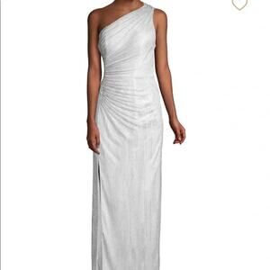 Aidan Mattox Silver Metallic One Shoulder Dress Formal Ruched Maxi Slimming Prom